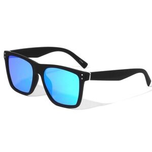 Square Sunglasses Blue Mirrored Lens Black‎ Frame Fashion Sun Glasses Trendy New